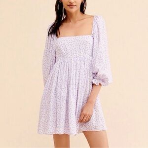 Selkie Light White Purple Ditsy Floral Puff Long Sleeve Flowy Mini Dress